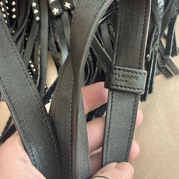 Saint Laurent Emmanuelle Small Black Leather Star Studded Fringe Bucket Bag